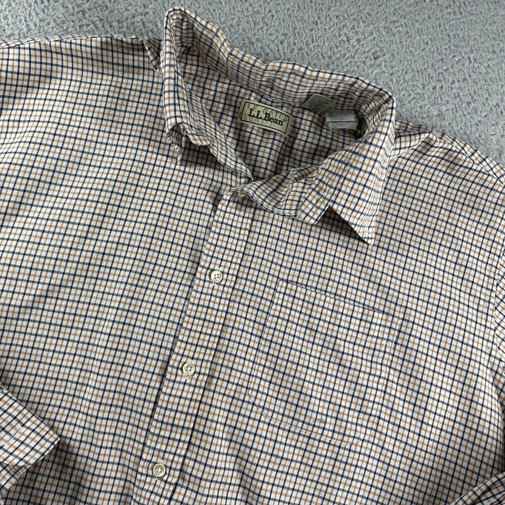 VINTAGE L.L Bean Shirt Mens‎ XL Plaid White Blue Orange Long Sleeve Cotton Poly